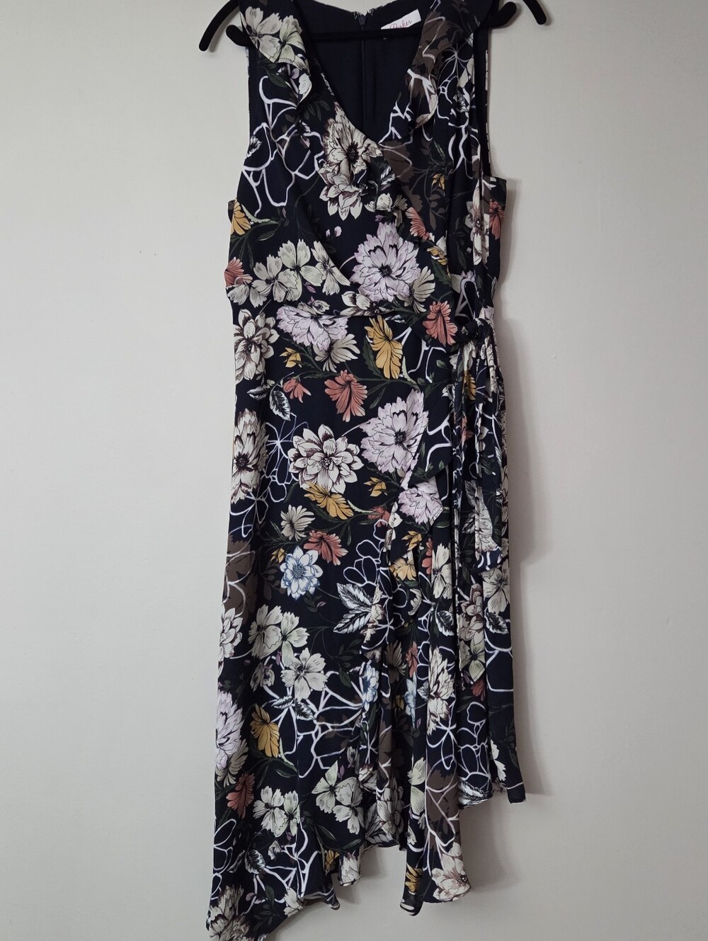 Parker Navy Blue Faux Wrap Floral Dress Size Large Lined